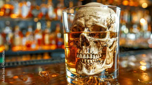 Skull ice cube in glass of whiskey at bar, alcohol kills concept