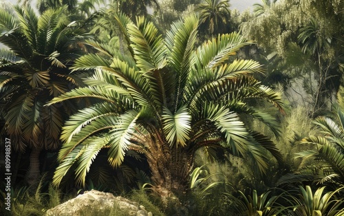 Lush palm tree with dense  feathery fronds sprouting from a rugged trunk.