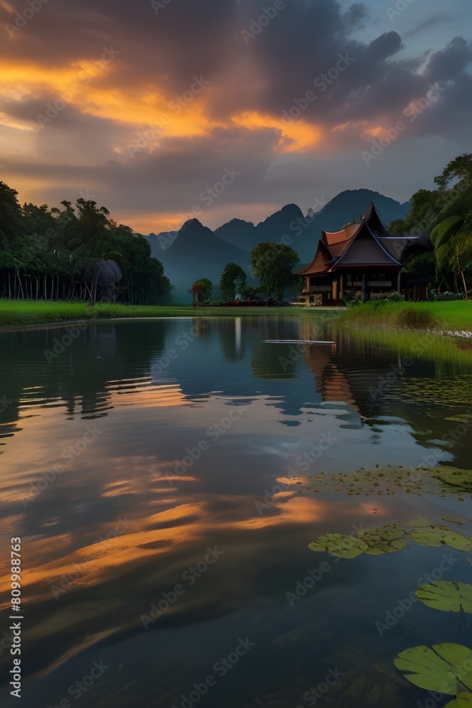 Obraz premium Landscape of lake and wooden house with dramatic sky at sunset generated by ai