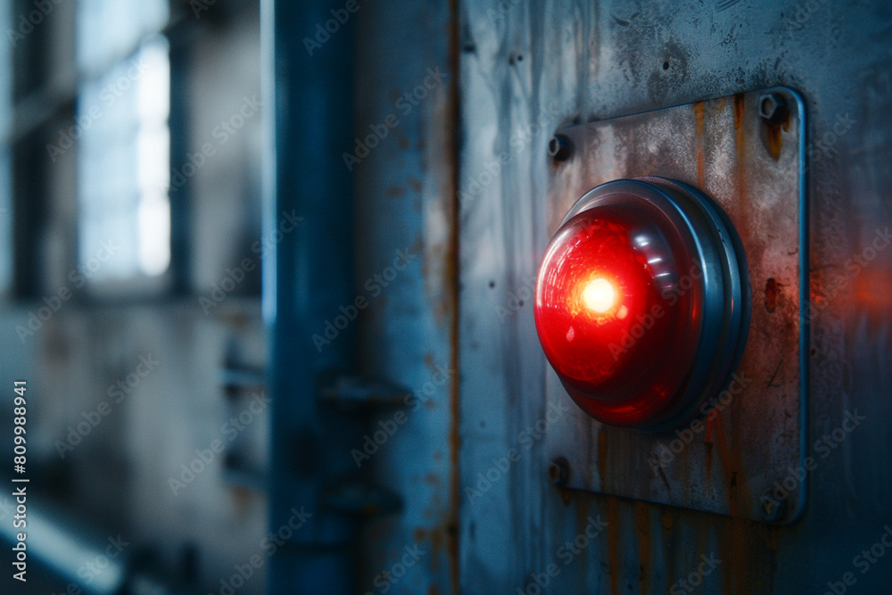 Red alarm button on a secure factory wall symbolizing readiness for fire emergencies copy space Red alarm button on a secure factory wall symbolizing readiness for fire emergencies copy space