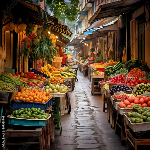 A street market with colorful fruits and vegetables