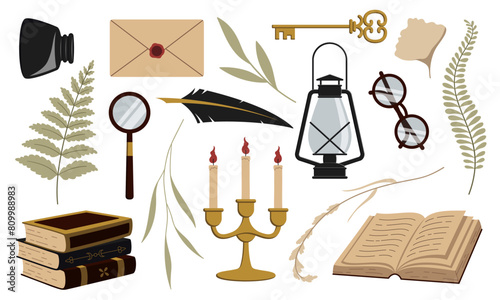 Vector dark academia set isolated on white background