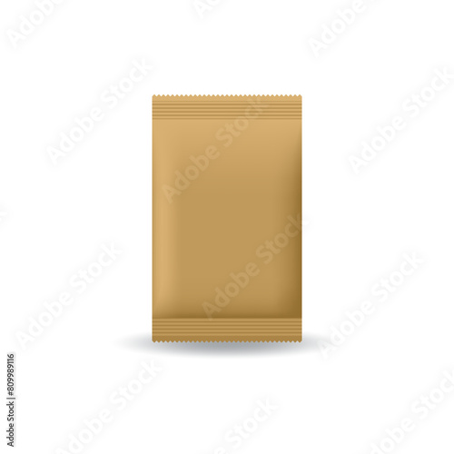 Blank kraft paper flat aluminum foil sawtooth packaging bag heat sealing for food. Storage pouch mock up of coffee, tea, sugar, snack, powder, nut, candy. Isolated on white background.