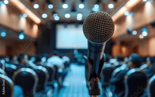 Microphone aimed at a blurred audience in a conference room.