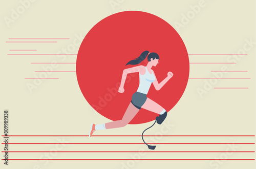 Paralympic woman athletic running. Illustration of a woman running competition with leg prostheses in a blue tank top and blue shorts. Running paralympic athlete flat design illustration.