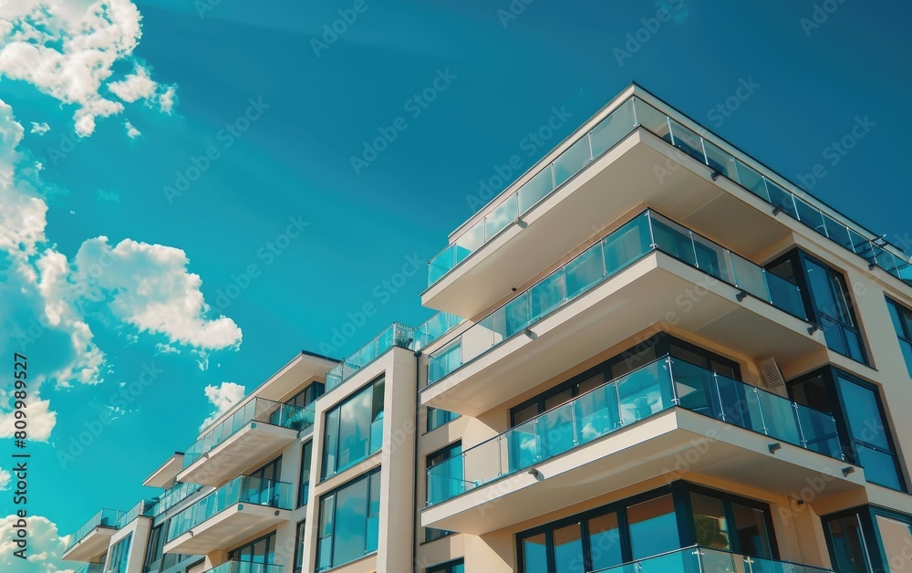 Modern apartment building with balconies and clear blue sky.
