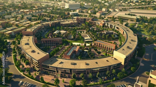The image shows a beautiful aerial view of a utopian city with a circular layout, featuring futuristic architecture and lush greenery, representing a sustainable and harmonious urb