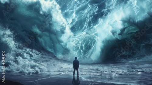 A man standing in front of a giant wave. Suitable for extreme sports or nature concepts
