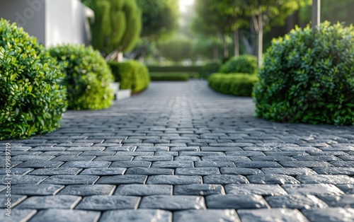 Modern driveway with decorative bushes and neat paving stones.