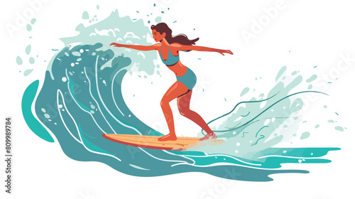 Young fit woman in swimwear catch wave on surfboard.