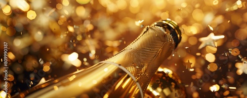 Close-up of a champagne bottle with sparkling bokeh and golden confetti © Denys