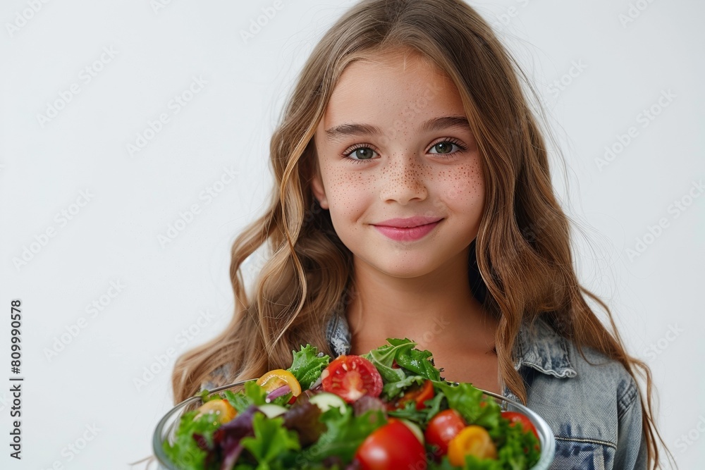 A charming and positive girl holds a bowl of organic and tasty vegetable salad, showcasing healthy eating. A charming and positive girl holds a bowl of organic and tasty vegetable salad, showcasing healthy eating.