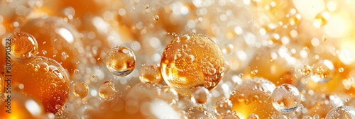 An oily, golden droplet amidst bubbles creates a mesmerizing abstract pattern in liquid.