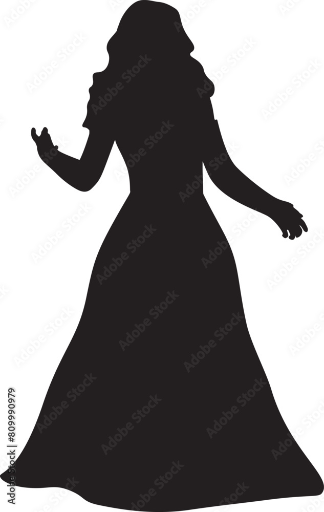 Silhouette of woman with long hair in ball gown. Detailed black silhouette of a woman with long hair in ball gown illustration. Silhouette of woman with long hair in ball gown. Detailed black silhouette of a woman with long hair in ball gown illustration.