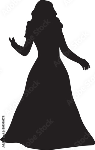 Silhouette of woman with long hair in ball gown. Detailed black silhouette of a woman with long hair in ball gown illustration.
