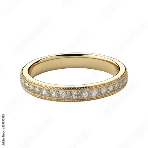 TRANSPARENT PNG ULTRA HD 8K A yellow gold ring adorned with small, symmetrical diamonds on a smooth band. Elegant for both casual and formal wear