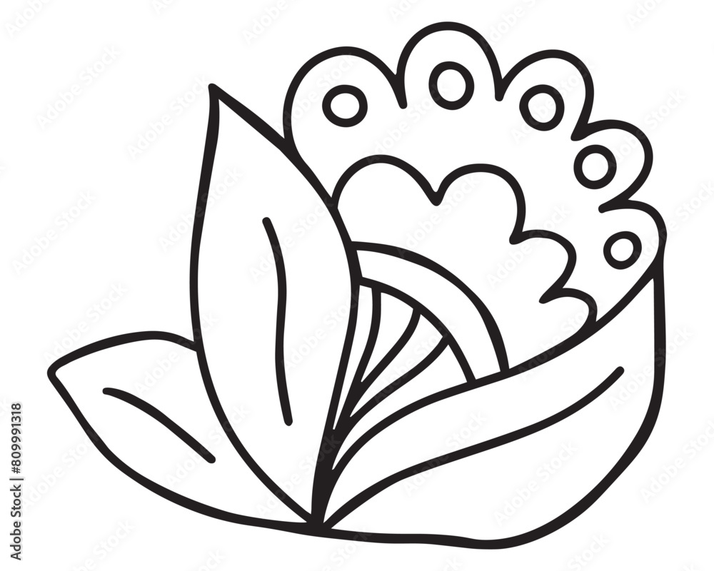 Decorative vector doodle graphic flower with leaves. Magical cute hand drawn flower