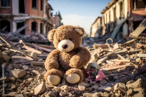 Teddy bear city earthquake. Street house. Generate Ai photo