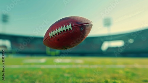 An old, beat-up football floating in mid air in a football stadium.