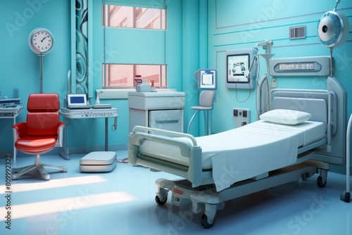 Bright and clean hospital room with bed  monitors  and essential medical tools for patient care