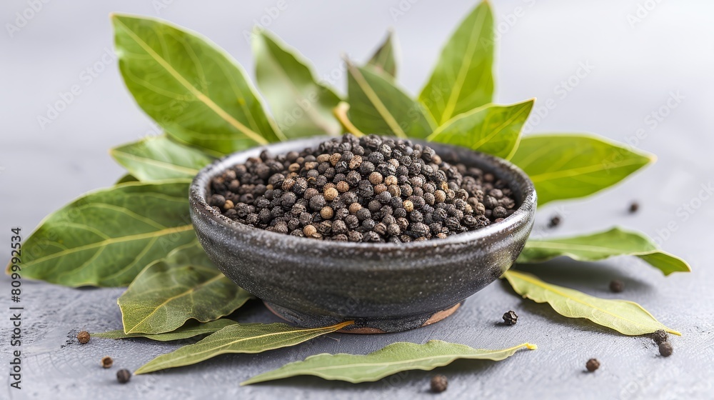 A tight shot of a bowl of food on a table, adjacent to leaves and a potted plant A tight shot of a bowl of food on a table, adjacent to leaves and a potted plant