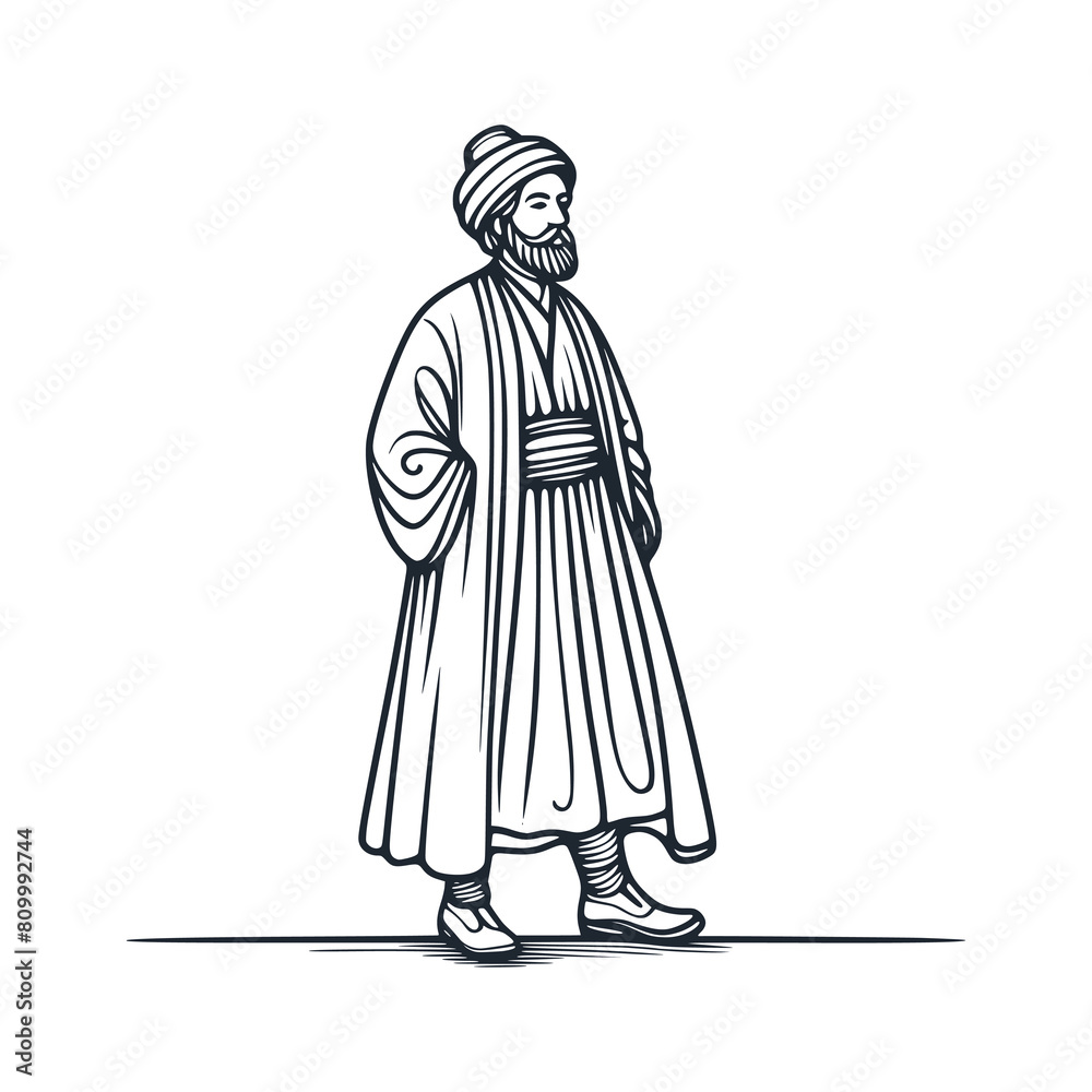 A muslim cleric scholar. Black white vector illustration.