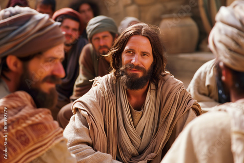 Jesus speaking to his disciples in an ancient middle eastern setting. photo