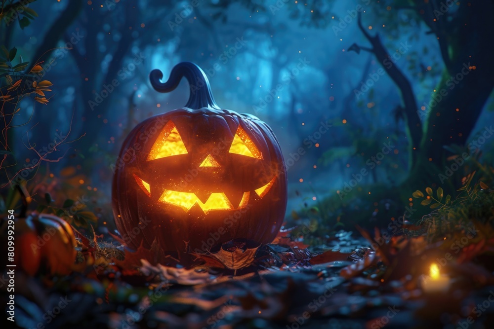 Fototapeta premium A spooky Halloween pumpkin in a mysterious forest. Perfect for Halloween-themed designs