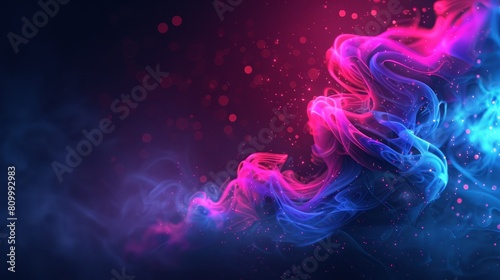   A black backdrop features a swirling smoke of blue  pink  and purple hues encircling a red light at its center