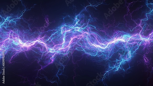  A blue-purple background with bright lighting in its center  overlapped by a black background bearing similar blue-purple lightning