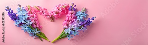 Flowers for Mother's Day, Spring hyacinth flowers with a pink bow, flowers on a purple gradient background, beautiful tulip banner design, flowers for Valentine's Day or Birthday