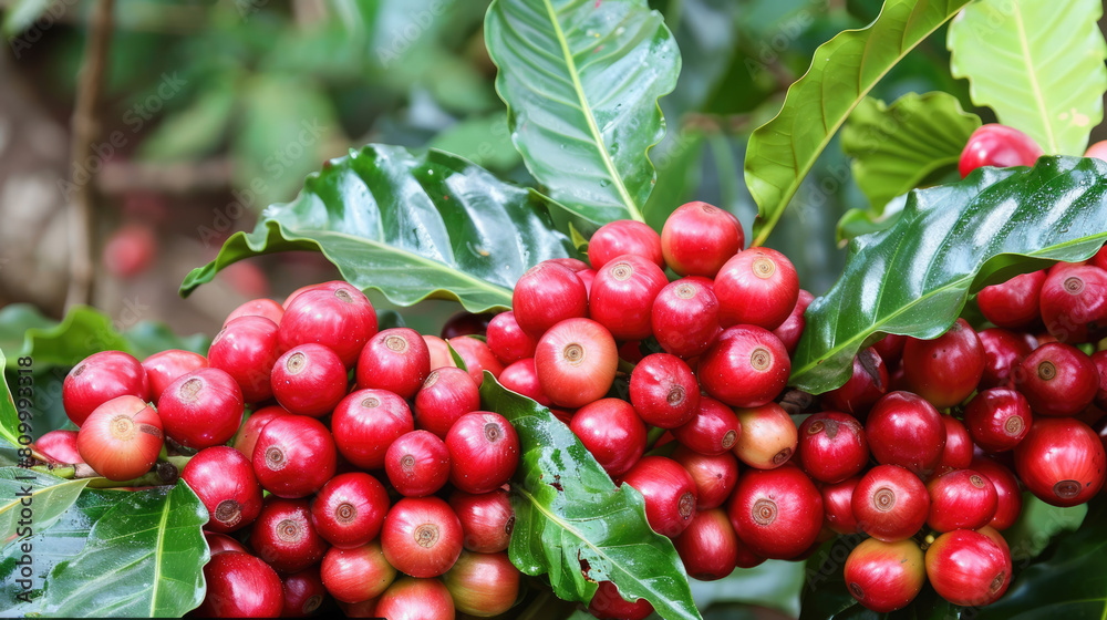 Raw arabica coffee beans in coffee plantation on branch Raw arabica coffee beans in coffee plantation on branch