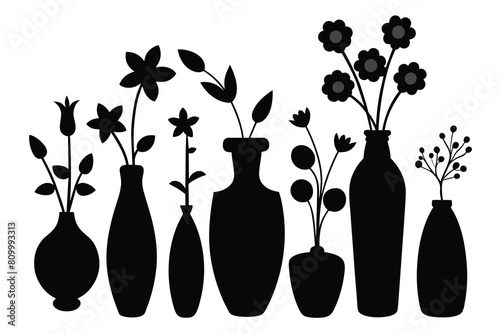 Set of cute flowers and twigs in ceramic vases isolated on white background. Vector hand-drawn illustration in doodle style. Perfect for cards, decorations