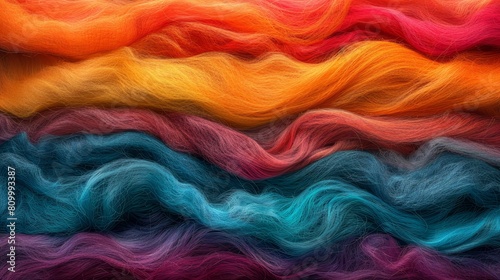   A tight shot of a multicolored mohair fabric, displaying various hues atop each mohair fiber photo