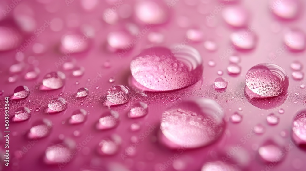 A tight shot of numerous water droplets on a rosy surface, each dottered with individual droplets A tight shot of numerous water droplets on a rosy surface, each dottered with individual droplets