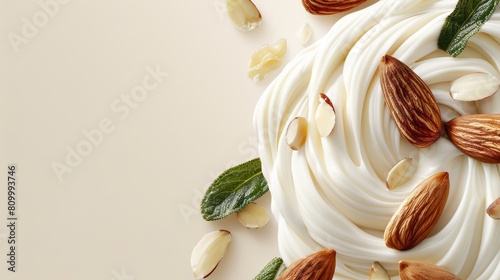   Pistachios and almonds on a white surface  topped with a single green leaf over the pistachios