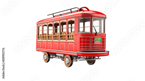  a red vintage tram with wooden seats on a white background