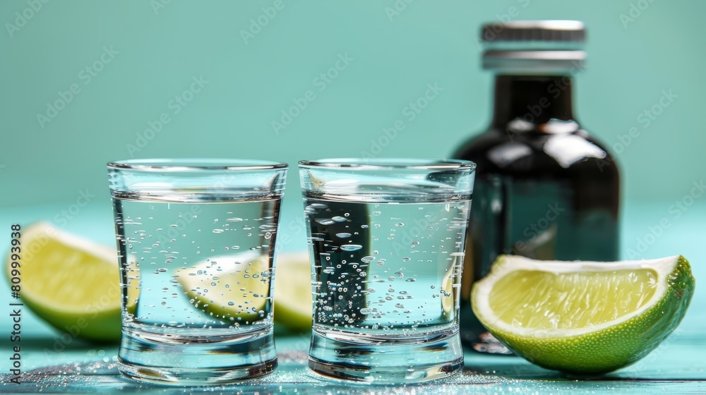 A table holds one bottled soda and two glasses of water, each garnished with a lime The backdrop is a soda bottle A table holds one bottled soda and two glasses of water, each garnished with a lime The backdrop is a soda bottle
