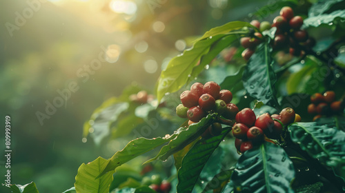 Raw arabica coffee beans in coffee plantation on branch photo