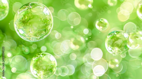  A scene of numerous bubbles drifting in the air against a backdrop of green and white Bokeh effect from the surrounding light envelops some bubbles
