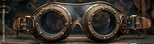 Enhance the details of these goggles. Make them look like they are from the steampunk genre. Add rivets, leather, and other appropriate details. photo
