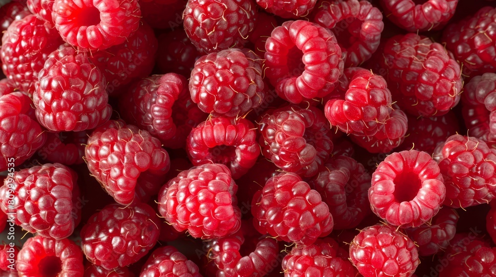   A red raspberry pile sits atop a white counter, adjacent to another raspberry pile