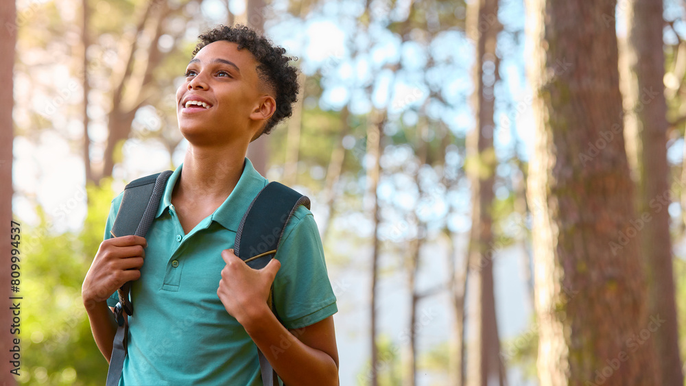 Active Teenage Boy On Hike In Countryside With Backpack Active Teenage Boy On Hike In Countryside With Backpack