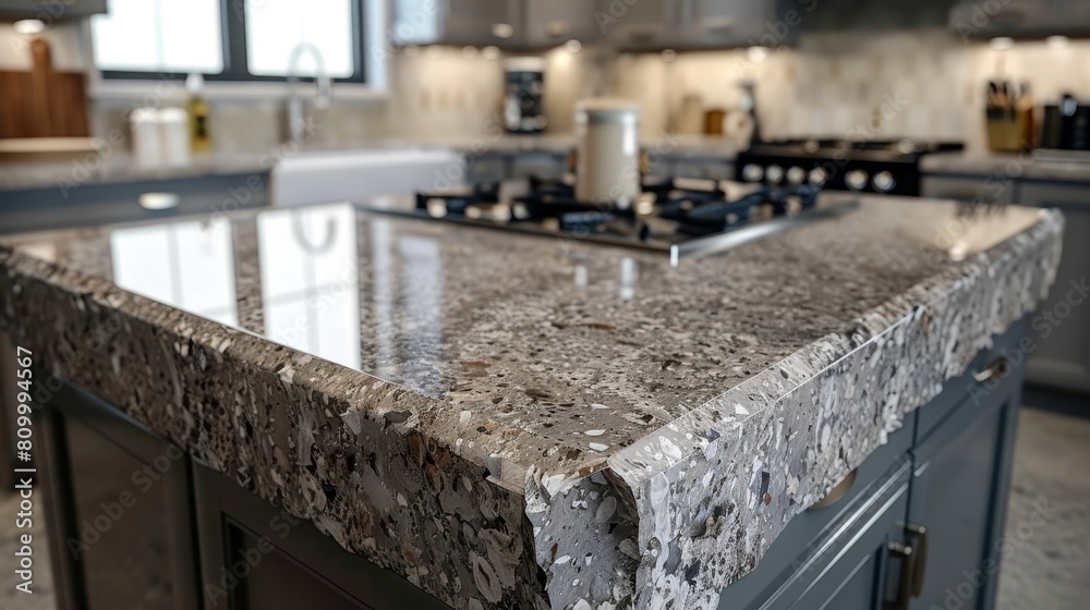 A kitchen boasts a granite countertop, hosting a candle atop the stove and one in its center A kitchen boasts a granite countertop, hosting a candle atop the stove and one in its center