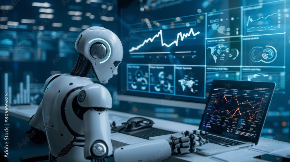 A humanoid robot sits at a desk, examining financial charts on a laptop and digital displays. A humanoid robot sits at a desk, examining financial charts on a laptop and digital displays.