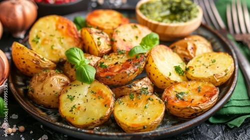   A tight shot of a plate filled with potatoes on a table Nearby, a fork rests within reach, and a bowl of pesto sits beside the plate © Jevjenijs