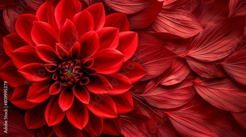  A tight shot of a red flower with an abundance of leaves at its base and beneath its petals