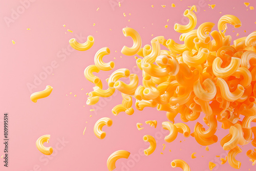 flying or hovering mac and cheese on a pink background