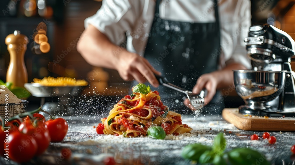   A chef tops pasta with Parmesan cheese on the kitchen counter