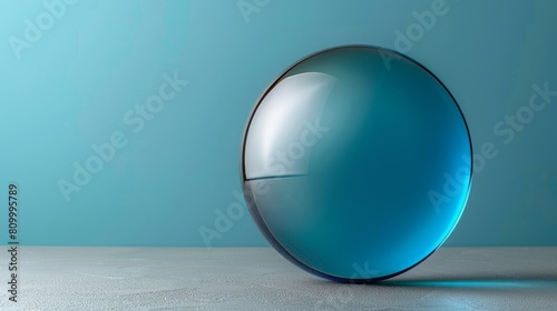   A glass vase on a table before a blue wall  backed by a lighter blue background